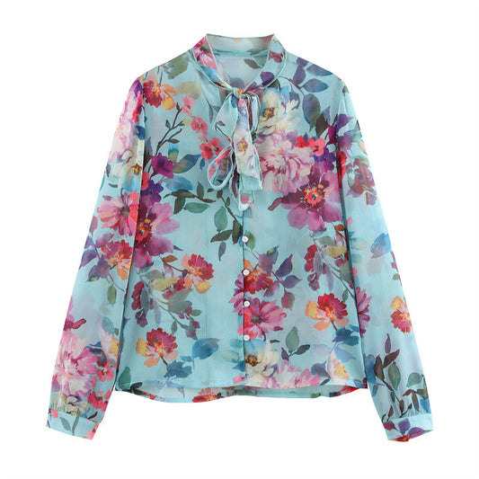 European And American Style Bowknot Decoration Printed Shirt