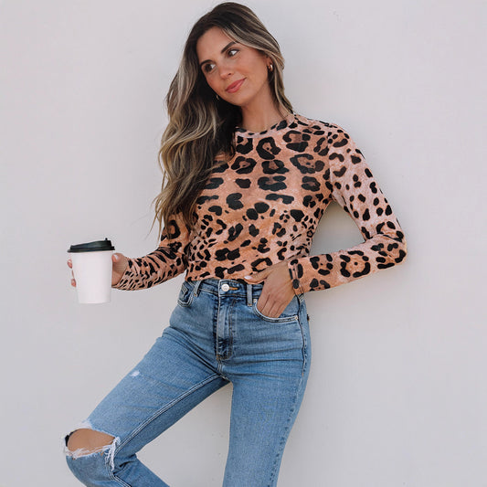 Leopardprint Langærmet Skjorte til Kvinder Slank Pullover Rund Hals Sweater