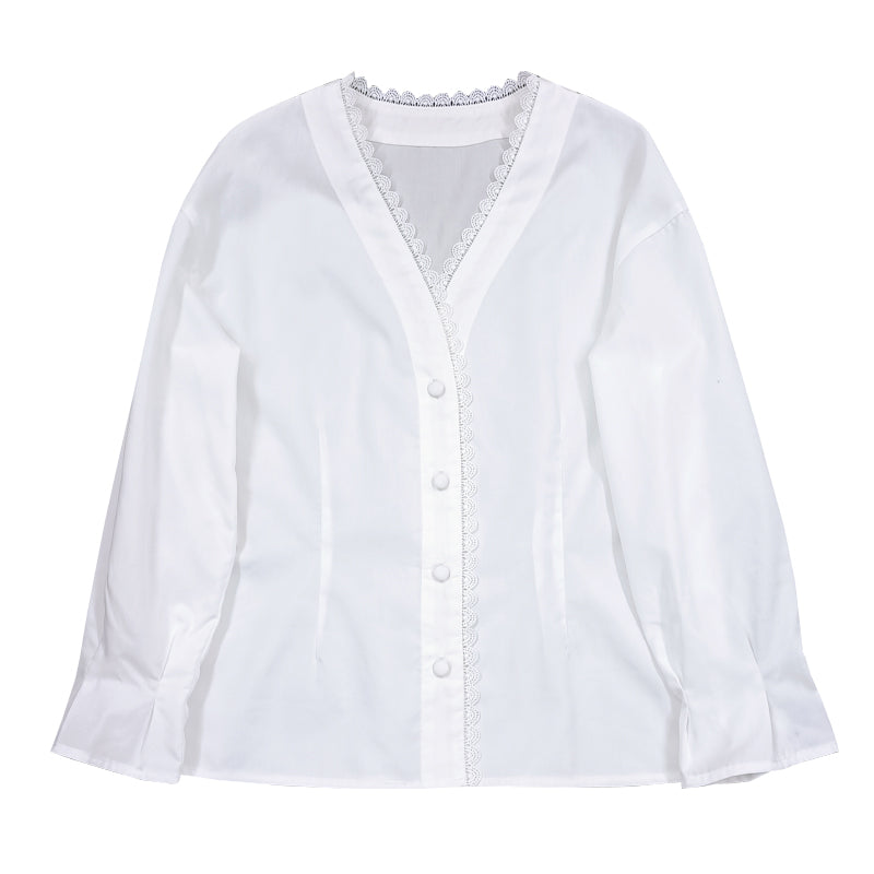 Rose Fiber Comes With Flower Fragrance High-end Design V-neck Lace White Shirt
