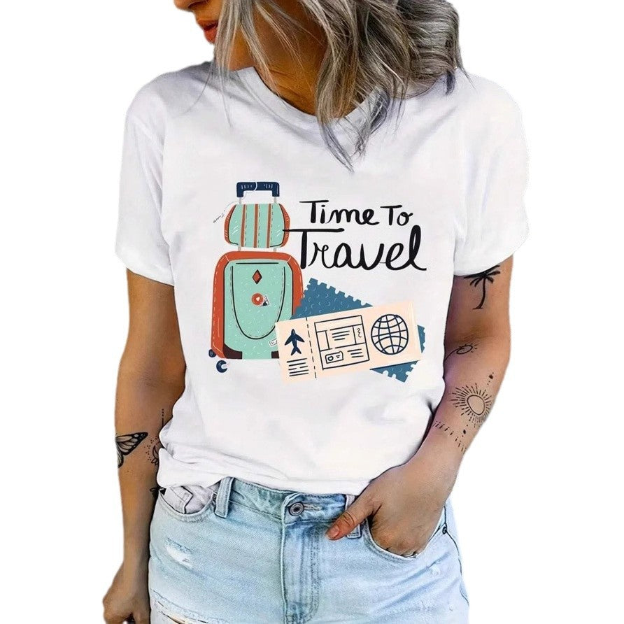 Printed Crew-neck Top With Short Sleeves