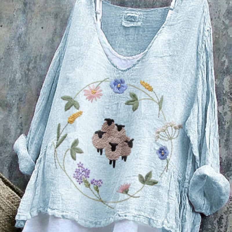 Women's Sheep  Floral Print Pattern Cozy Linen Shirt