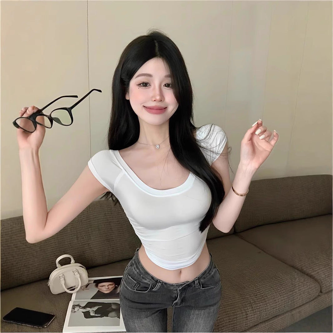Figure-flattering Slimming Cropped Sheer And Sexy Short-sleeve T-shirt