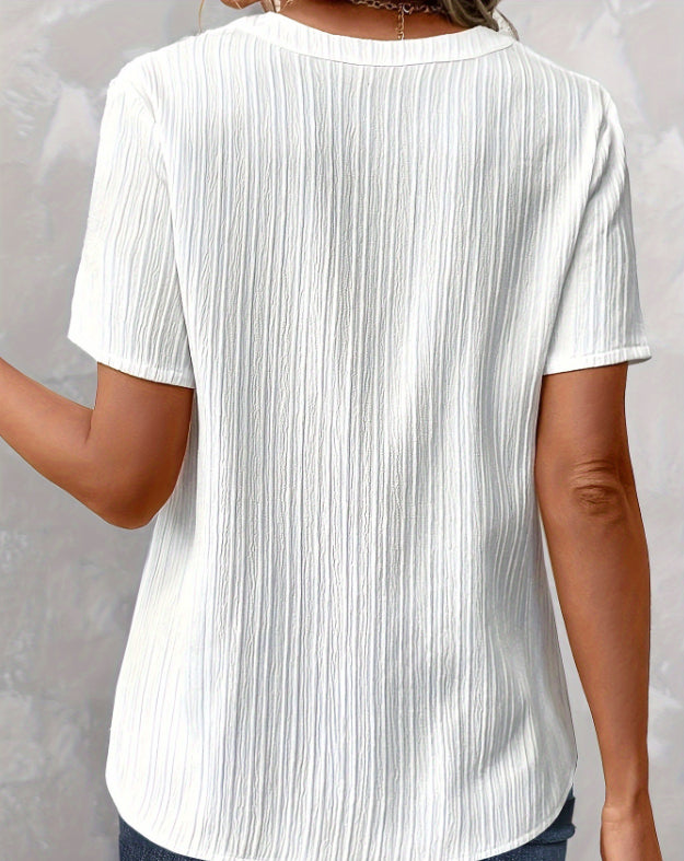 Women's Lace Ruffled Short Sleeves V-neck Patchwork Hollow Top Shirt