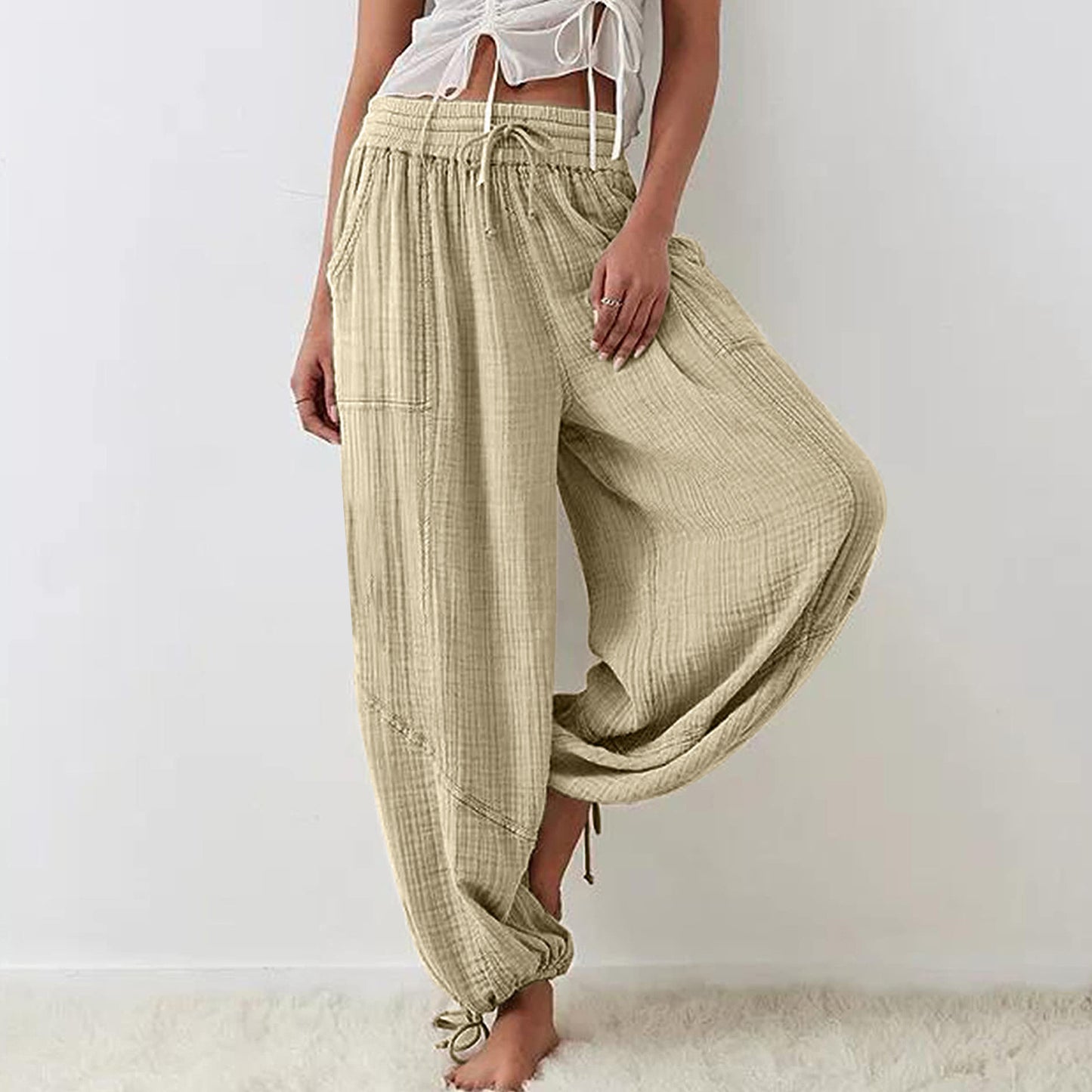 Women's Fashion Solid Color Lace-up Pocket Wide Leg Pants