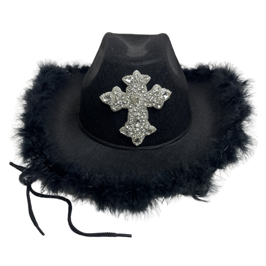 Rhinestone Burr Cowboyhat Diamantkryds Sort Performance-kasket