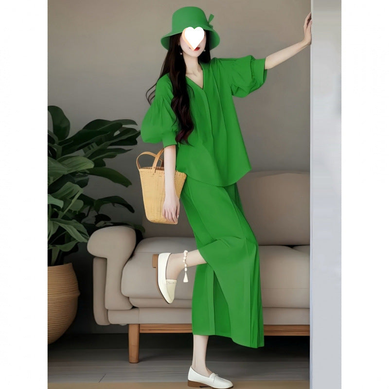 Youth-boosting Versatile Casual Top And Slit Skirt Two-piece Set