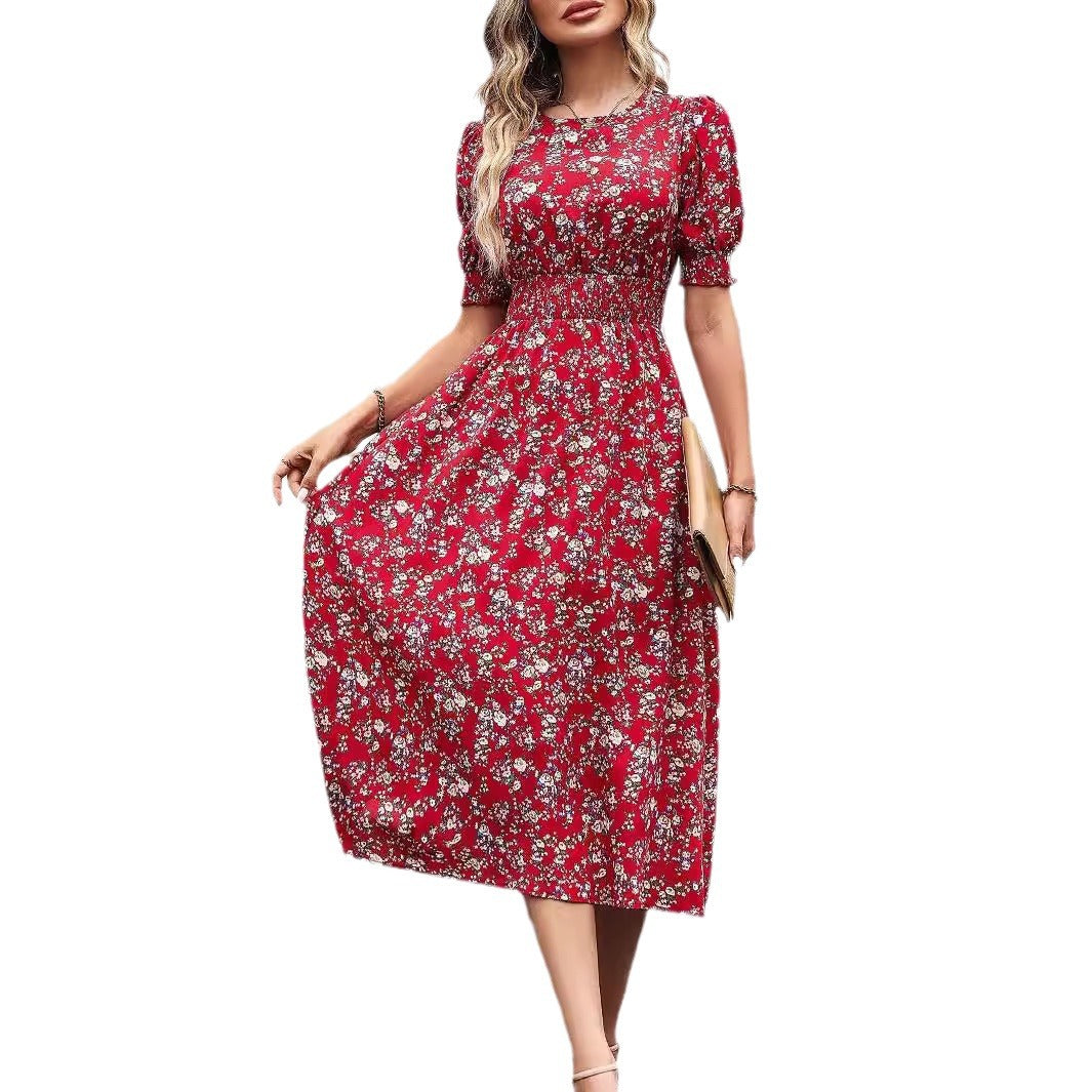 Round Floral Pattern High Waist Slim Long Dress