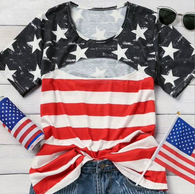Printed Hollow Striped T-shirt Women's Simple All-match Round Neck Contrast Color Top