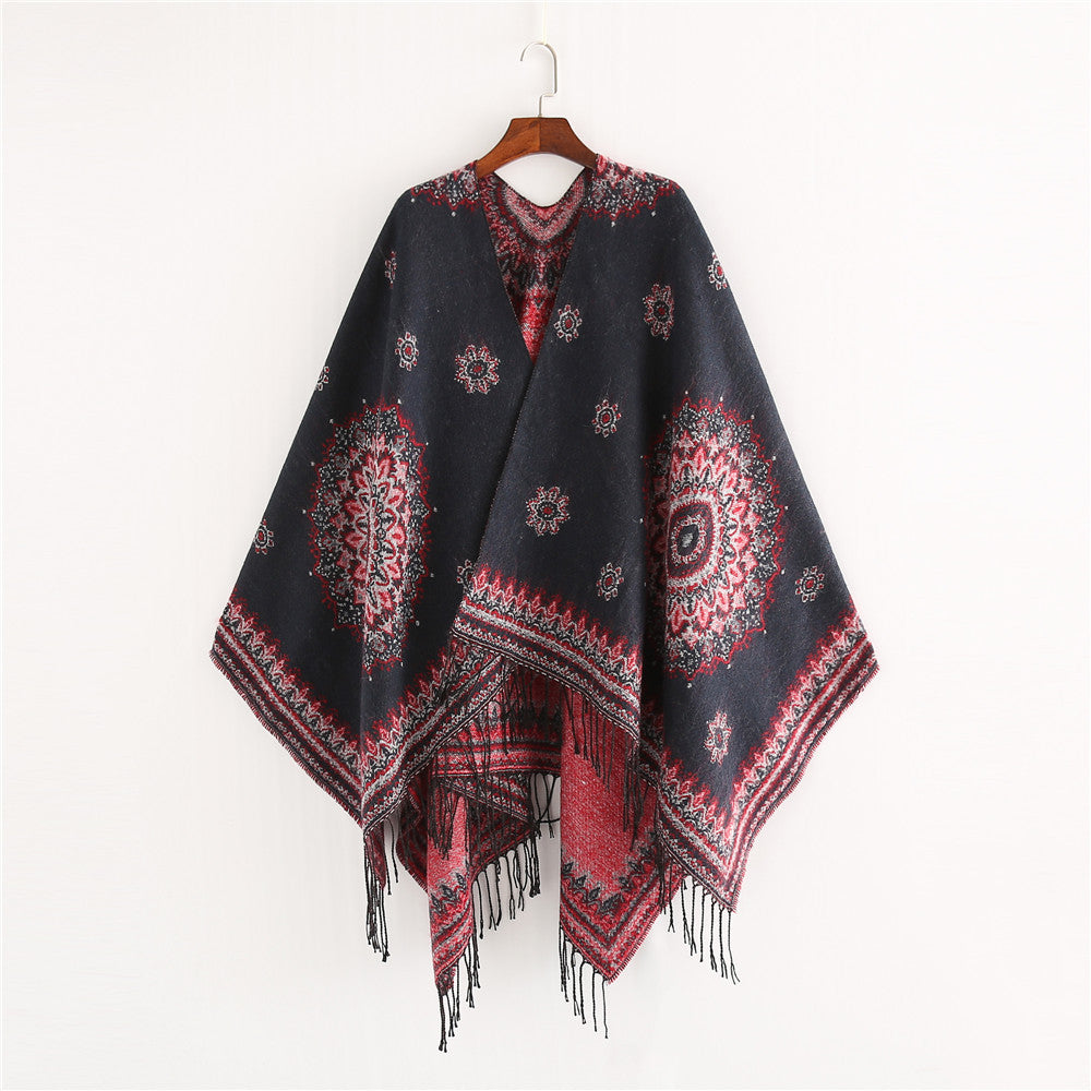 Geometric double-sided printed tassel split cloak