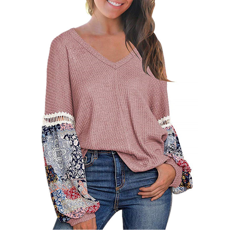 New European And American Autumn And Winter V-neck Waffle Loose Printed Long-sleeved T-shirt
