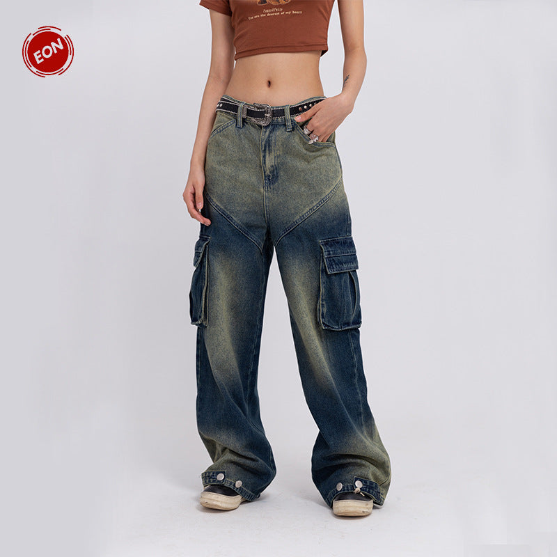 Unisex Street Fashion Loose Wash Workwear Denim Trousers