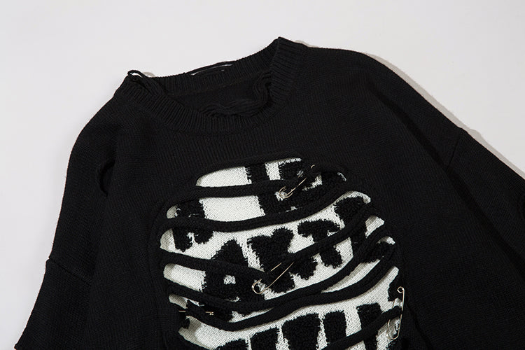 Heavy Industry Ripped Hollow-out Round Neck Sweater Bf Idle Style