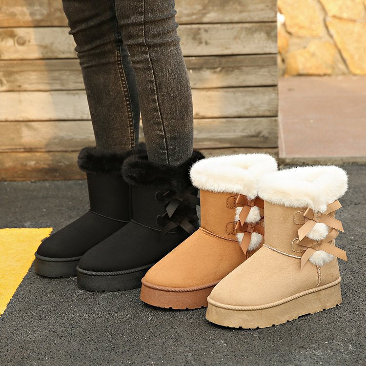 Women's Bow Retro Birkenstock Fleece Lined Thickened Ankle Boots