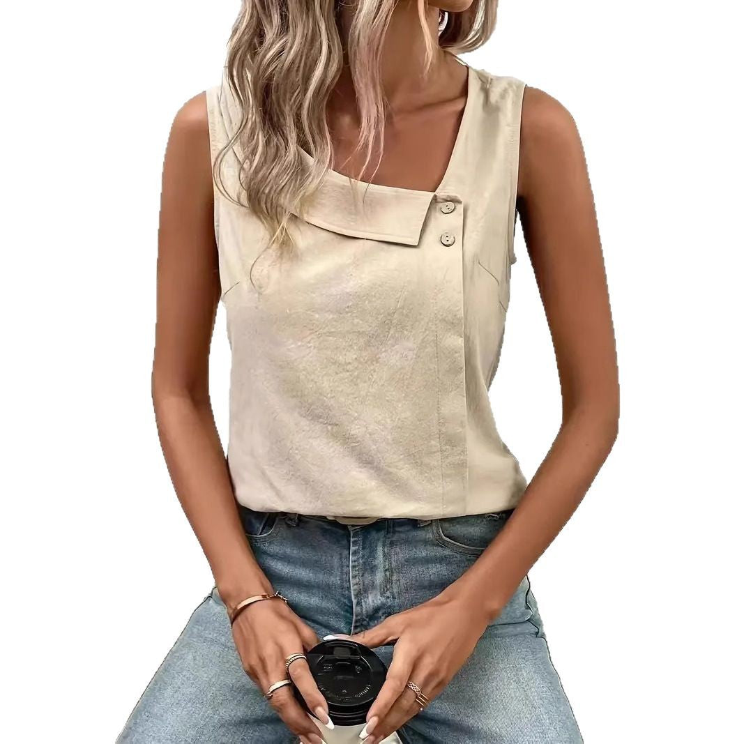 Multi-Color Casual Diagonal Collar Button Vest For Women