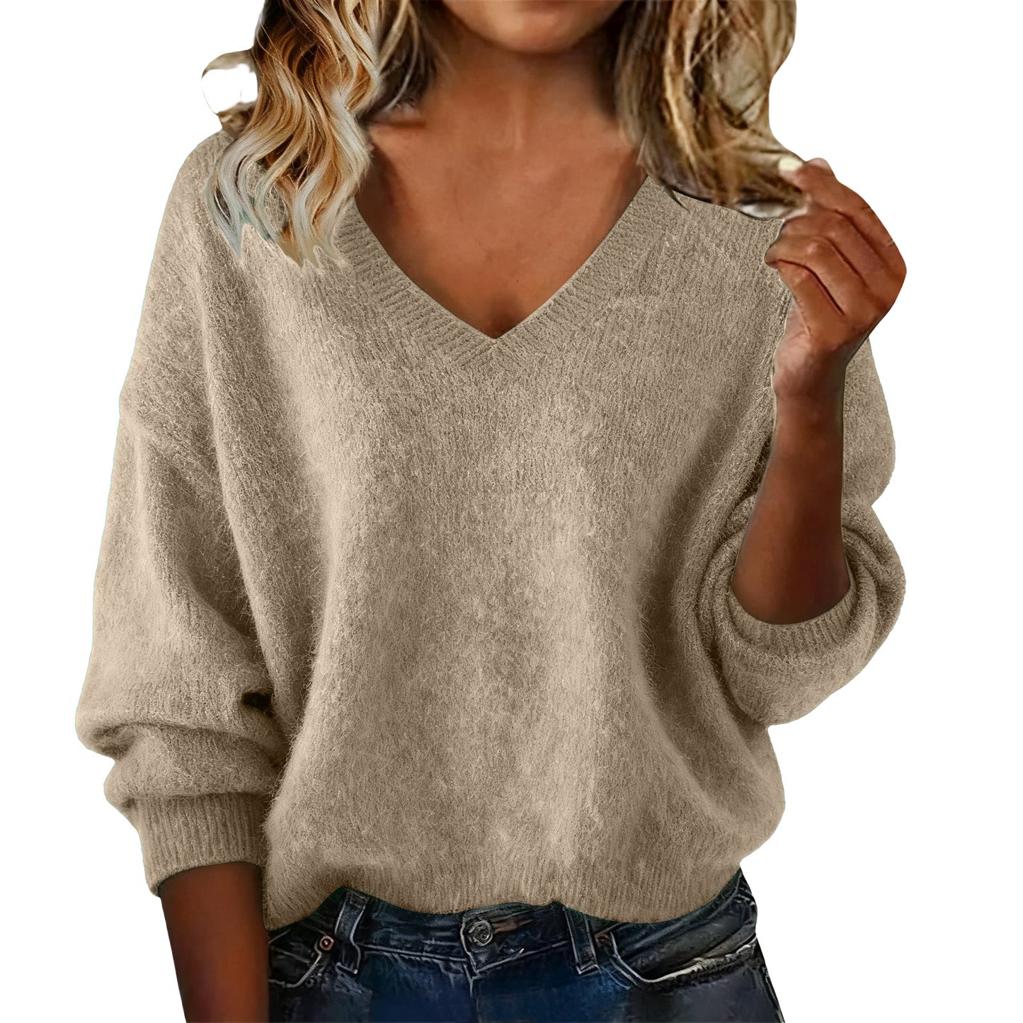 New Fashion Loose Solid Color V-neck Sweater Women