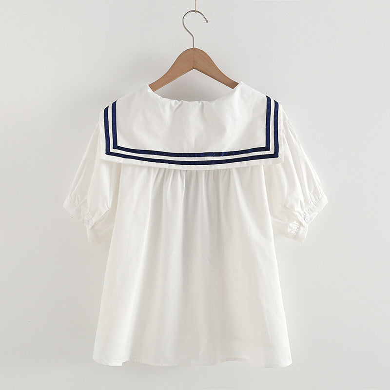 Elegant Cotton Pullover Sailor Collar Loose Women's Shirt