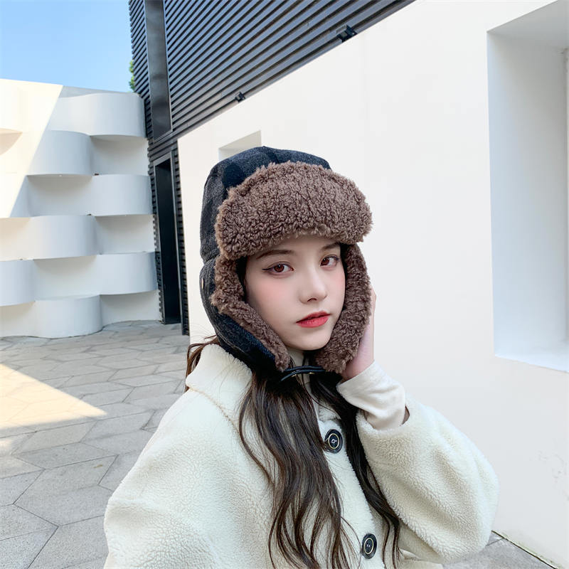 Plaid, Brushed Thermal And Windproof Cold Cycling Earflaps Ushanka Female