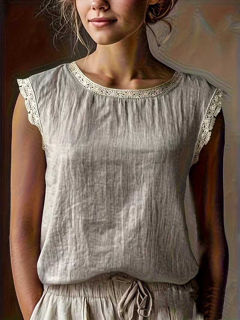 Loose Solid-Color Crew-Neck Lace Sleeveless Cotton-Linen Shirt