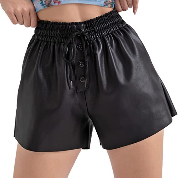 Casual Loose Drawstring Four Seasons Wear PU Elastic Leather Pants