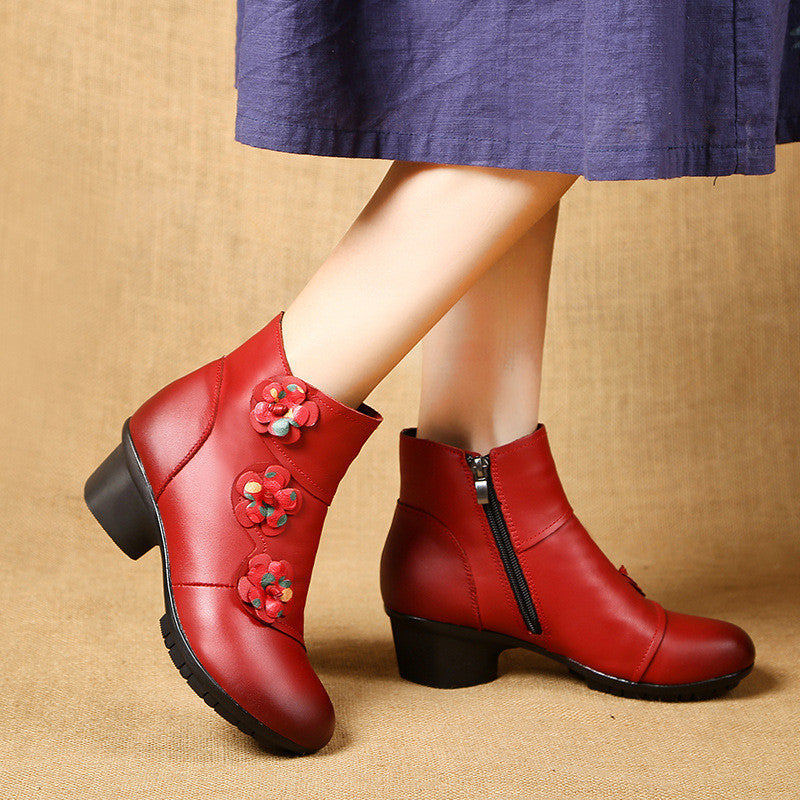 Ethnic Style Leather Mid Heel Short Boots