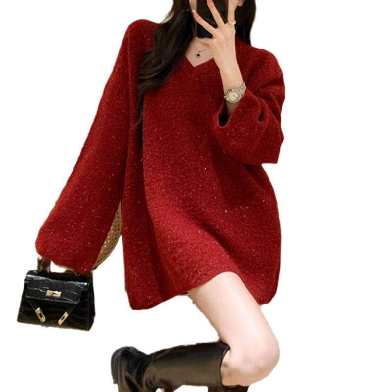 New Year Idle Style Burgundy V-neck Sweater Knitted Coat