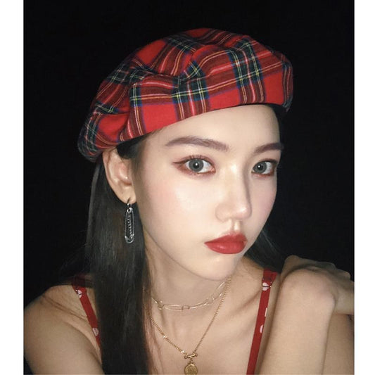 Red Westernstyle British Plaid Leather Edging Beret Allmatch Japanese Retro Painter Hat