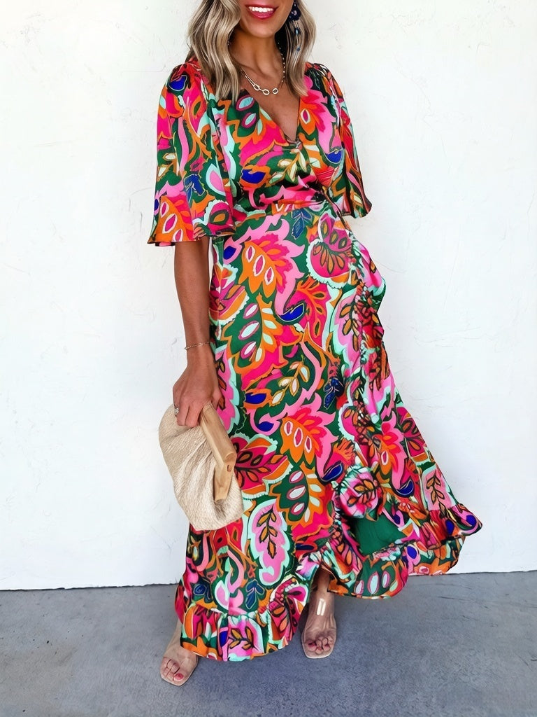 Womens Floral Peacock Lace-Up Swing Dress With Ruffled Hem