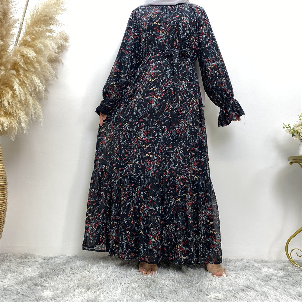 Printed Flare Sleeve Lining Fashion Chiffon Dress