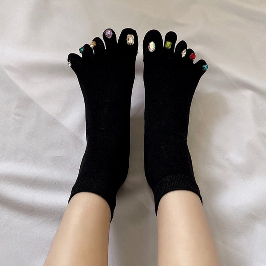 Five Finger Socks With Diamonds Summer Thin Crystal Mid Tube Split Toed Socks