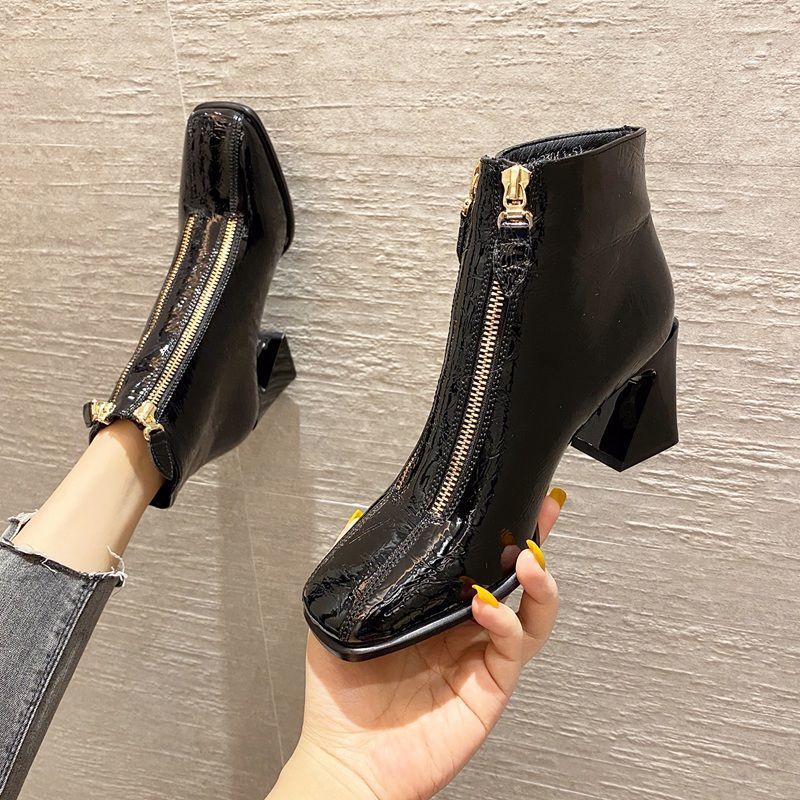 Patent Leather High-heeled All-match Plus Cashmere Martin Boots
