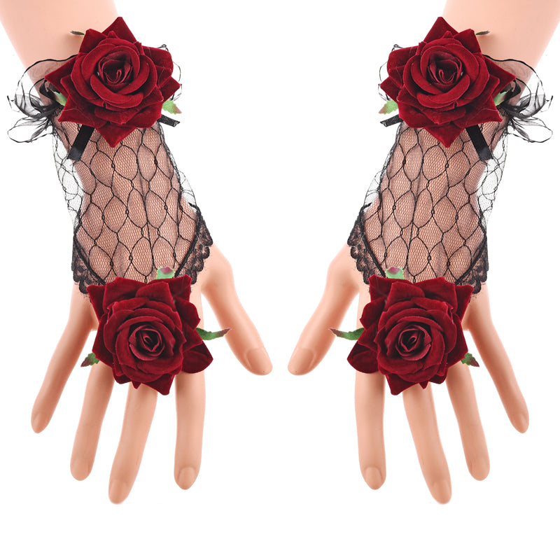 Vintage Lolita Lace Gloves Burgundy Rose Bracelet