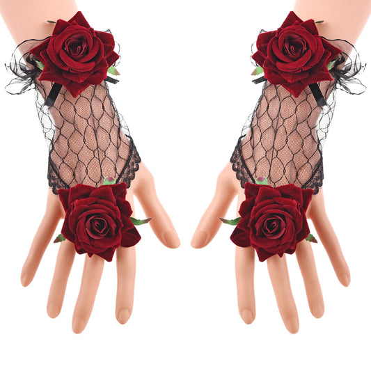 Vintage Lolita Lace Gloves Burgundy Rose Bracelet