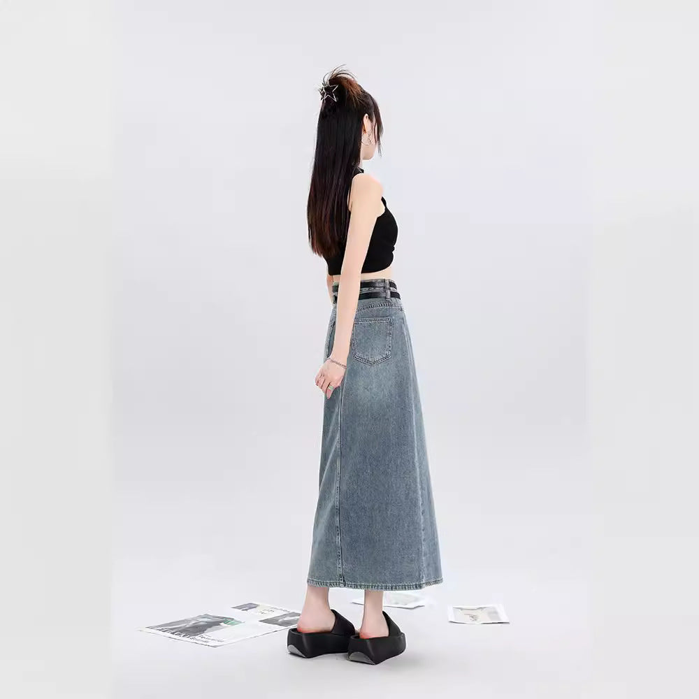 Women's Double Belt Slit Denim Skirt
