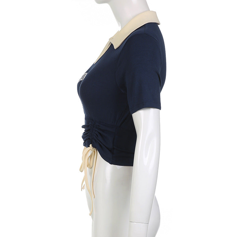 Contrast Color Drawstring Thin Print T-shirt