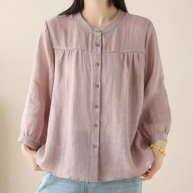 Simple Style Elegant Cotton And Linen Three-quarter Sleeve Stand Collar Shirt For Women