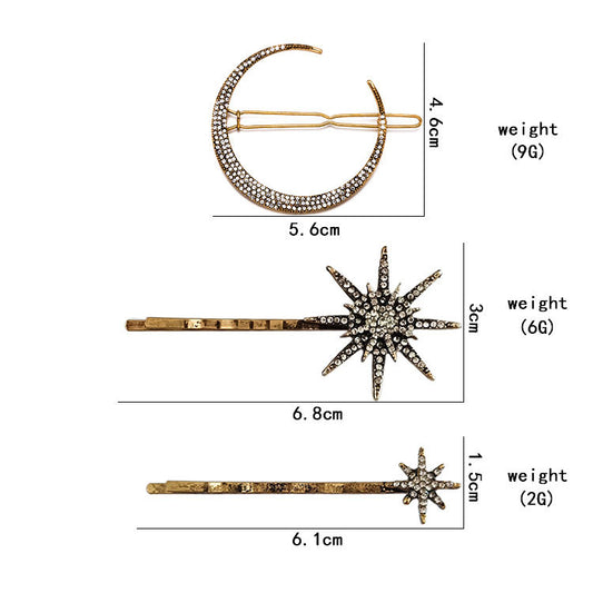 Retro Geometric Diamond Moon Snowflake Star Hairpin Set Word Clip