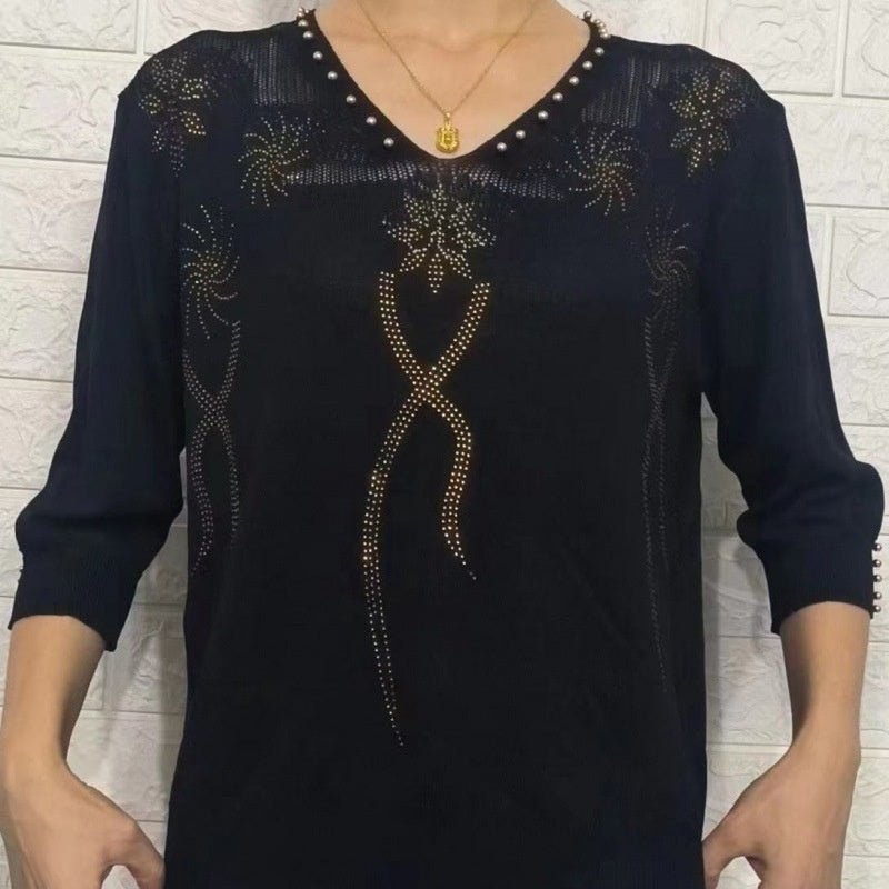 Fashion Ice Silk Sweater Three-quarter Sleeve Pullover Top For Women