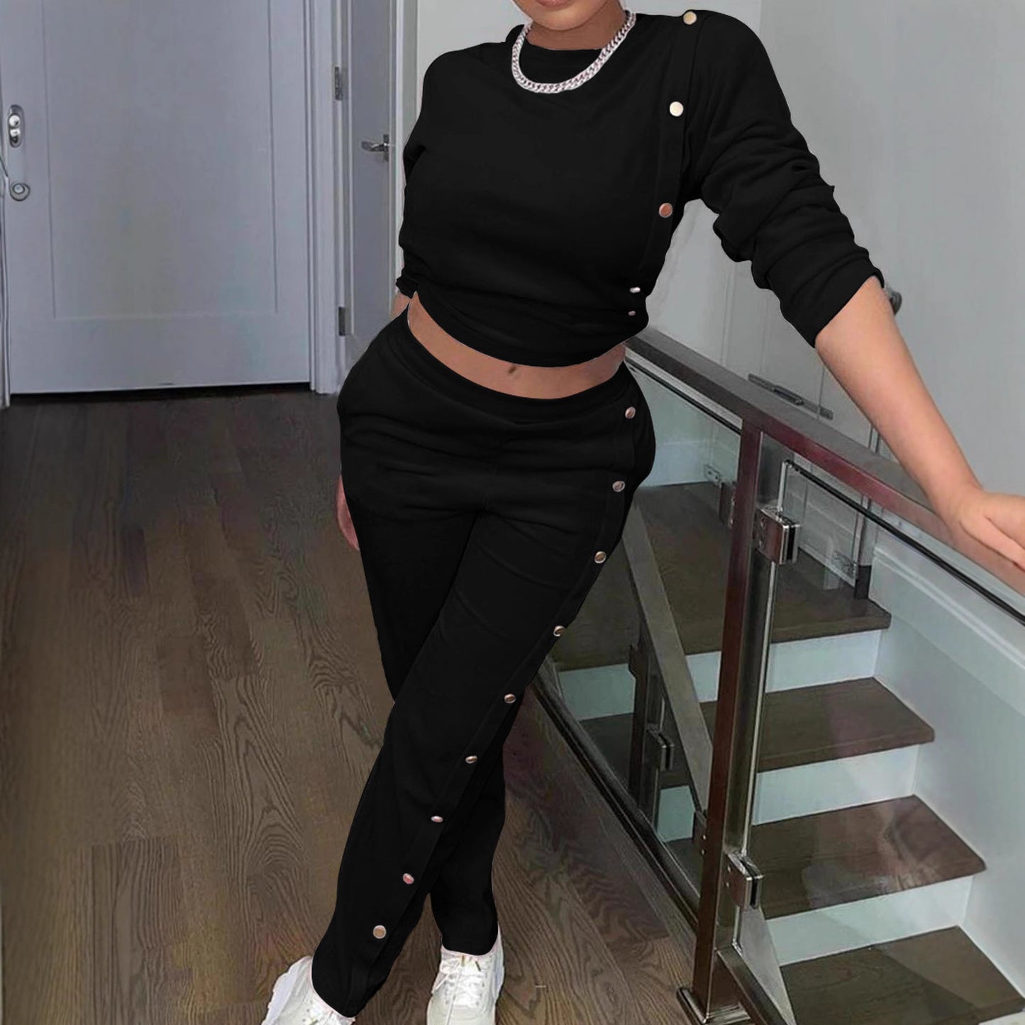 Stylish Casual Sweatshirt Set With Side Button Detailing