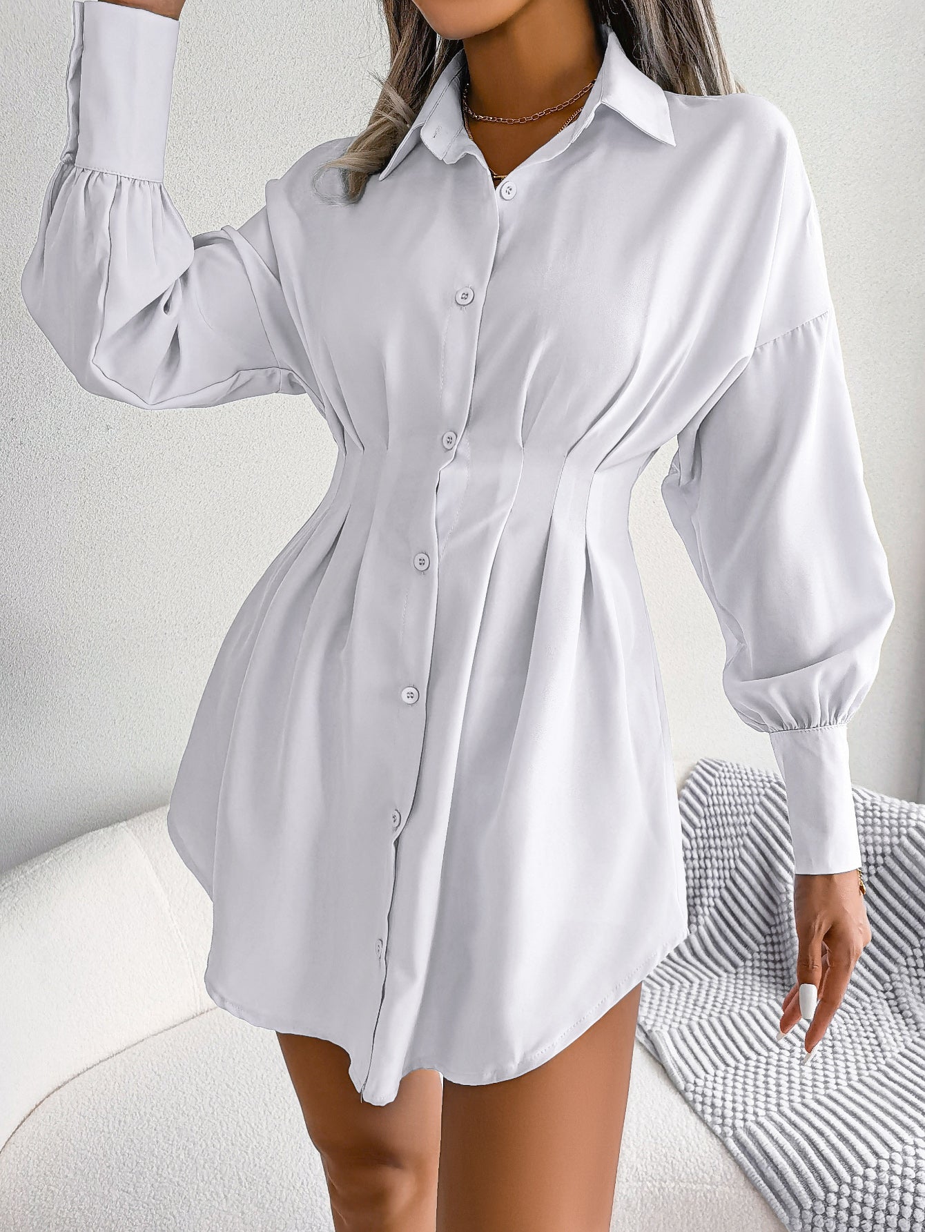Women  Casual Lantern Sleeve Tie Waist Asymmetric Shirt Dress