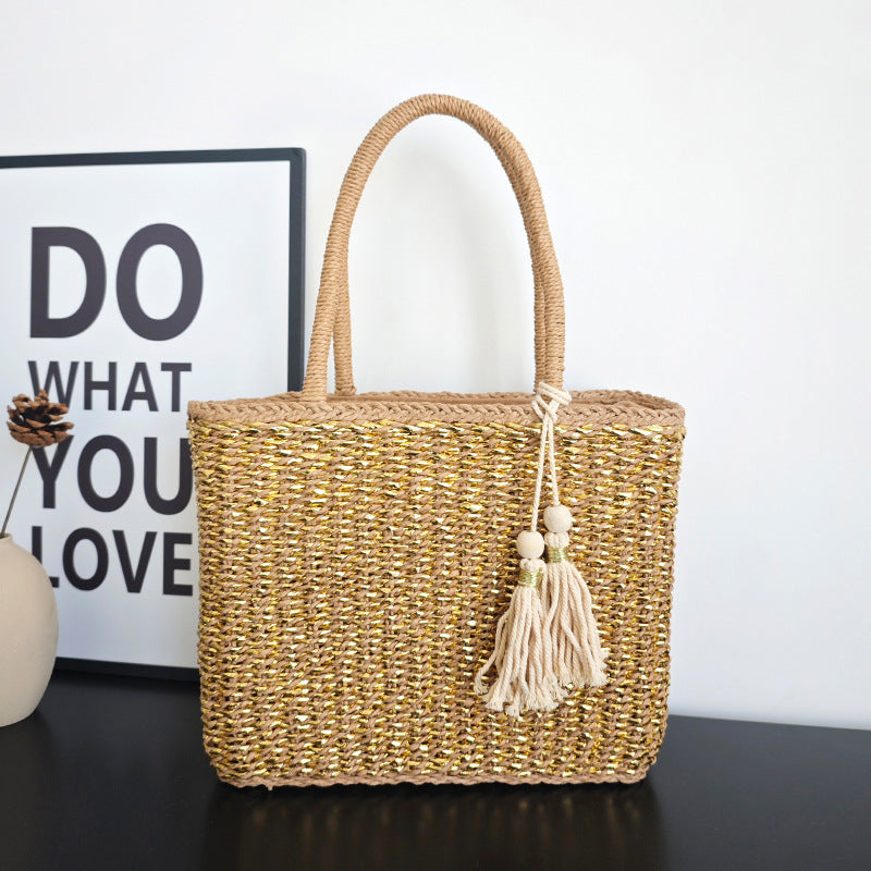 Handmade Rattan Handle Straw Bag Gold Fashion