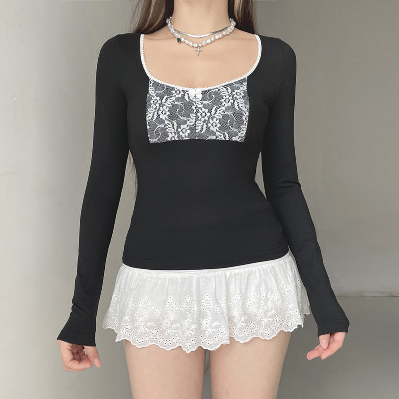 Contrast-color Lace-panel Long-sleeve Crew-neck Slim-fit T-shirt