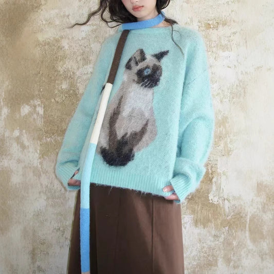 Contrast Color Pullover Cute Cat Brocade Sweater Female