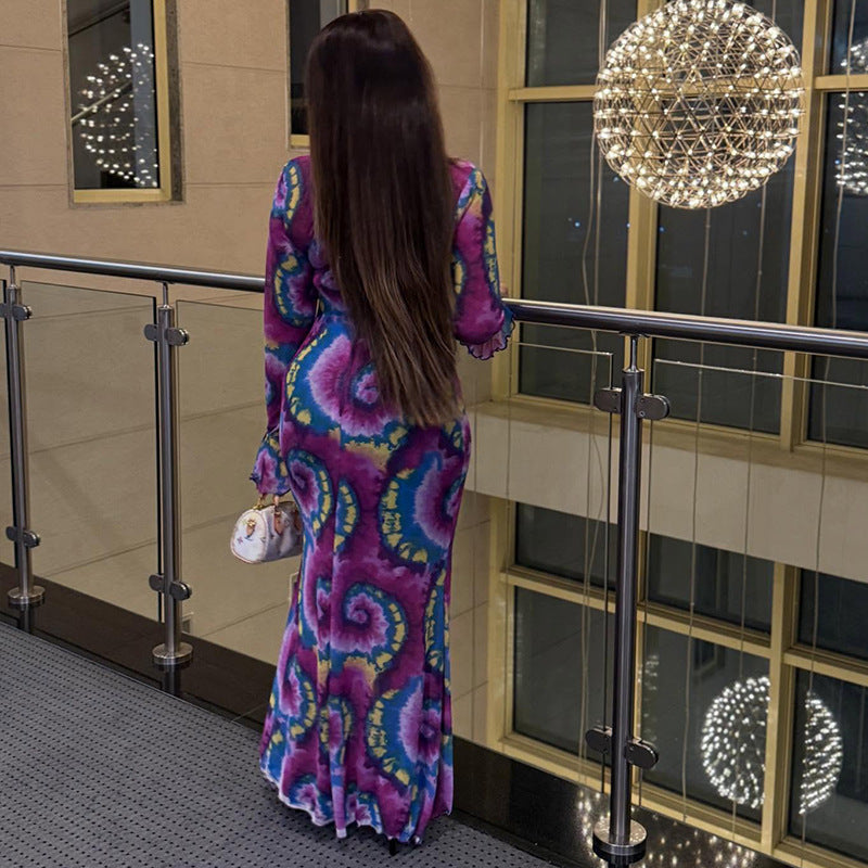 Color-block Printed Crew-neck Elegant Dress