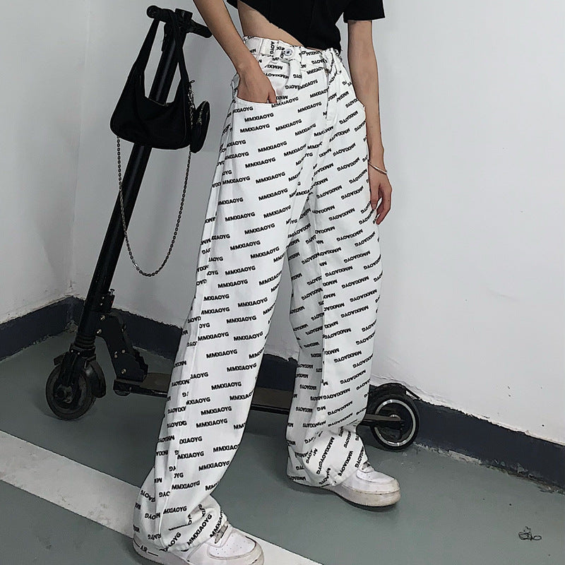 High Waist Vintage Letter Print Casual Loose Straight Drop Wide Leg Pants
