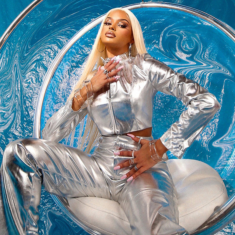 Fall Winter Fashion PU Metallic Collar Zipper Coat For Women