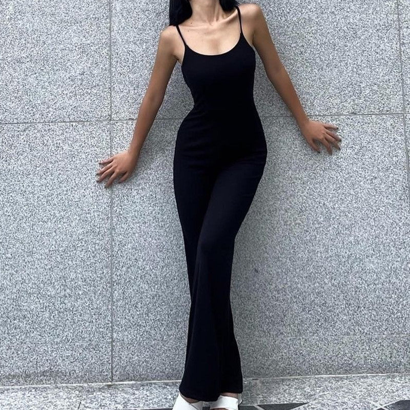 Ins European And American New Solid Slim Back Slim Jumpsuit