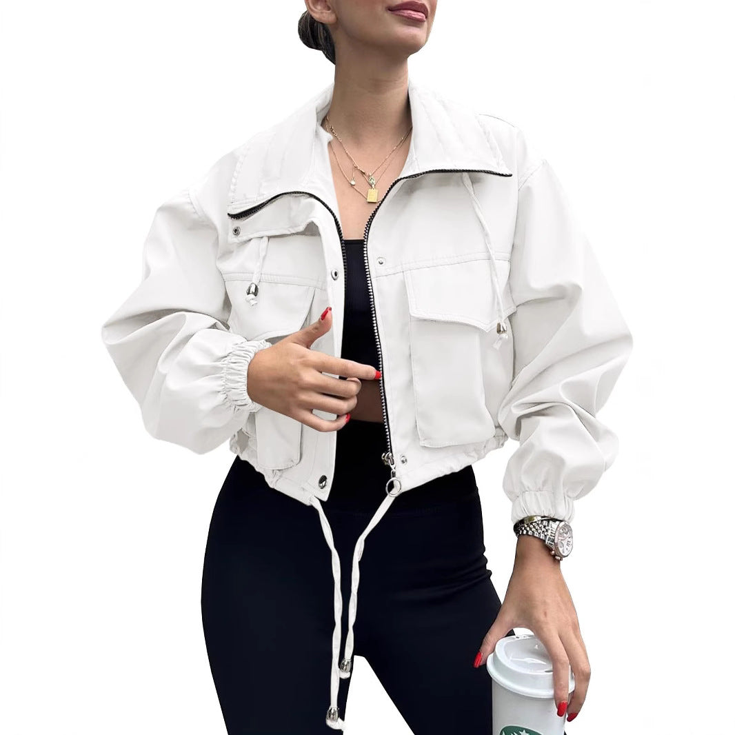 Solid Color Women's Short Jacket Zipper Trench Coat