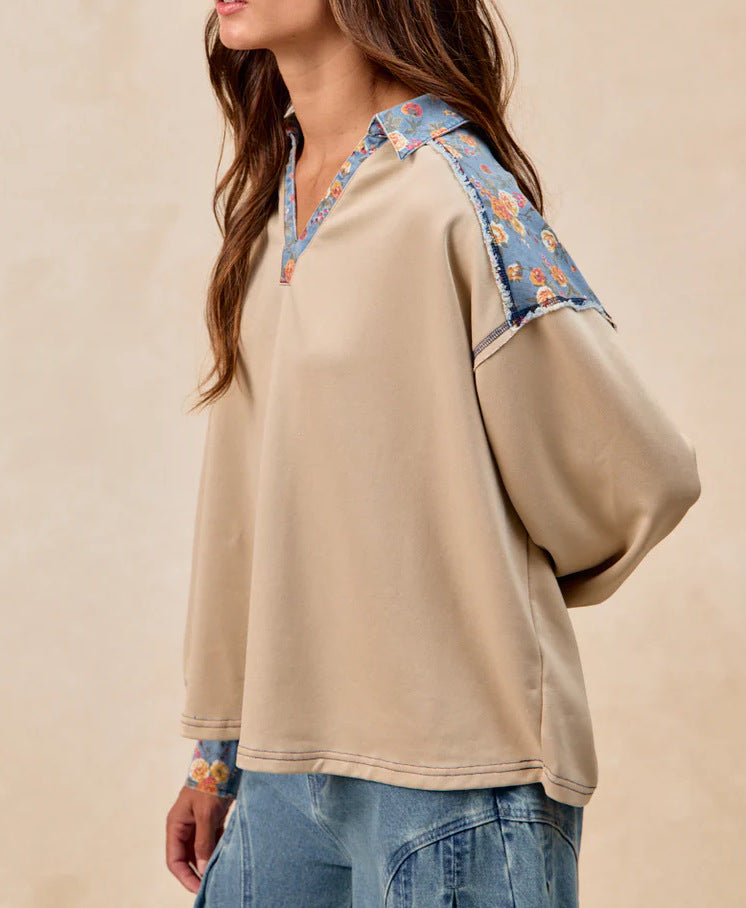 French Casual Loose Lapel Patchwork Fabric Women's Hoodie