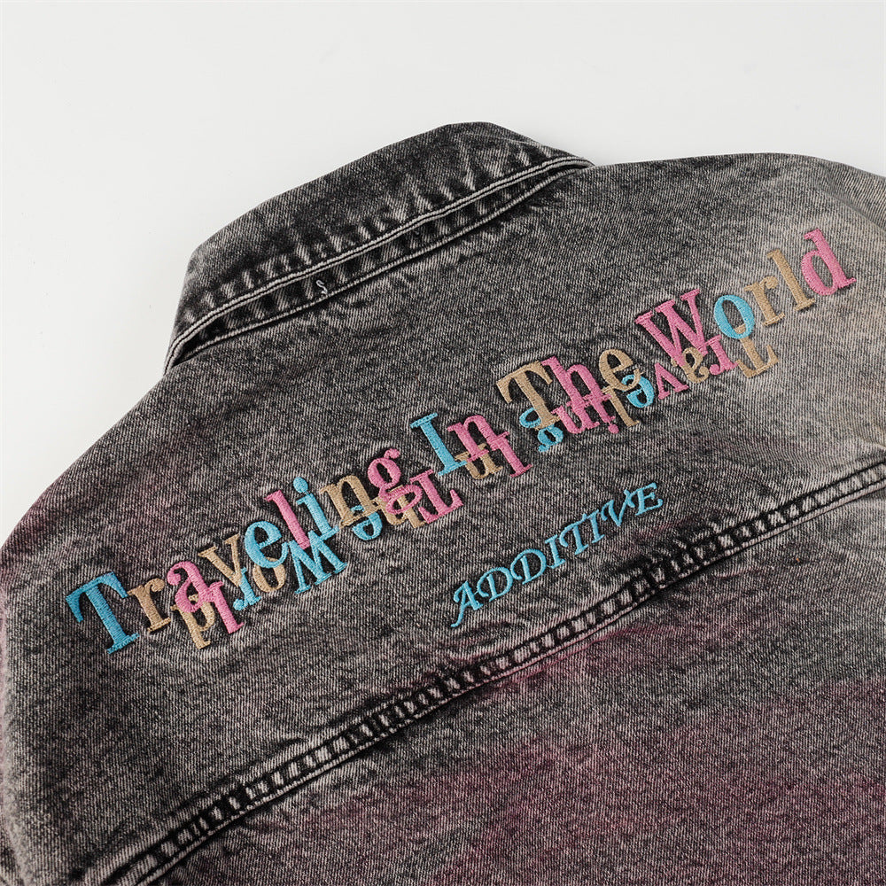 Colored String Spray Embroidery Denim Coat Tie-dyed Washed And Worn Loose