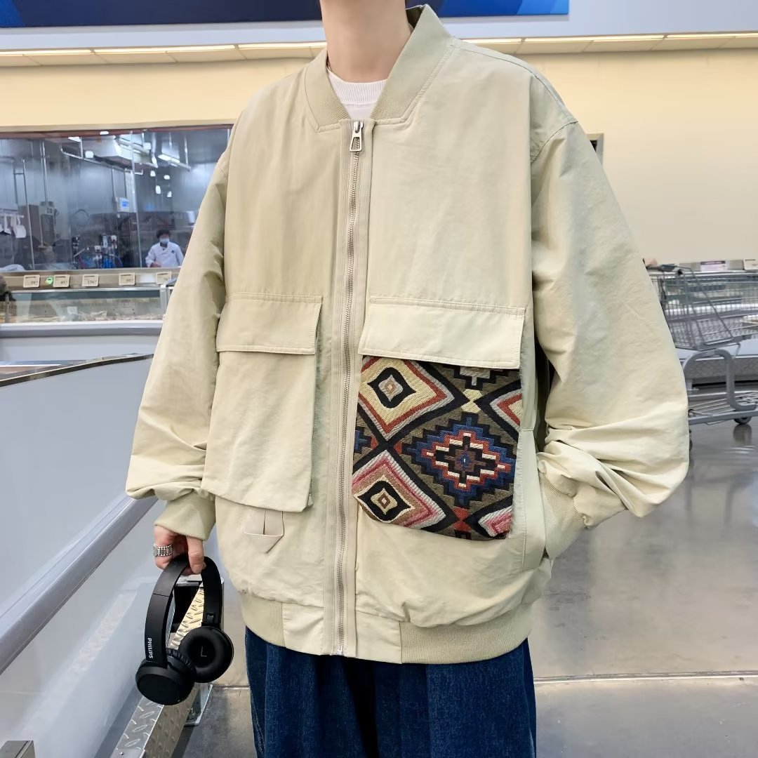 Large Pocket Collarless Embroidery Short Ethnic Style Casual Jacket